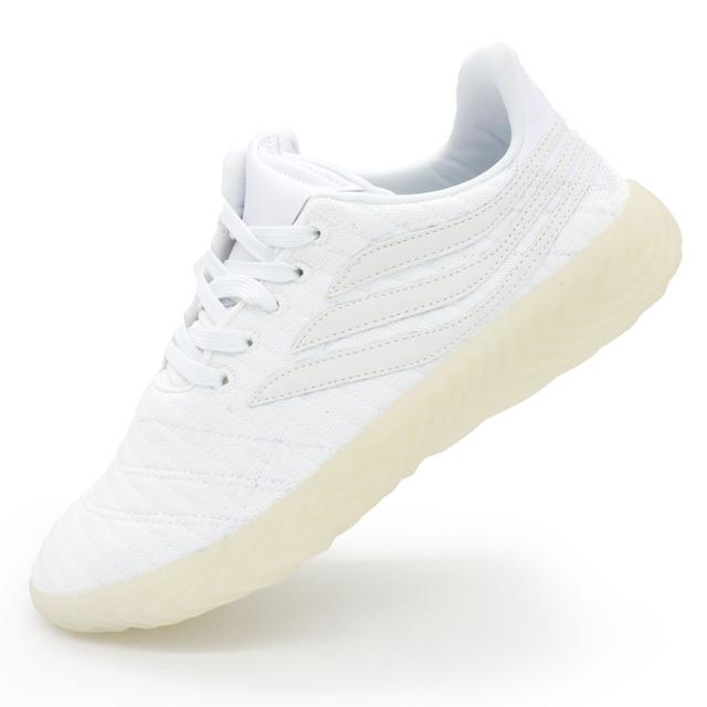 Adidas Sobakov sneakers are white with a yellow sole, reflective. Top quality!