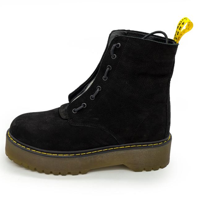 Black women's boots with fur on the platform in the style of Dr. Martens nubuck