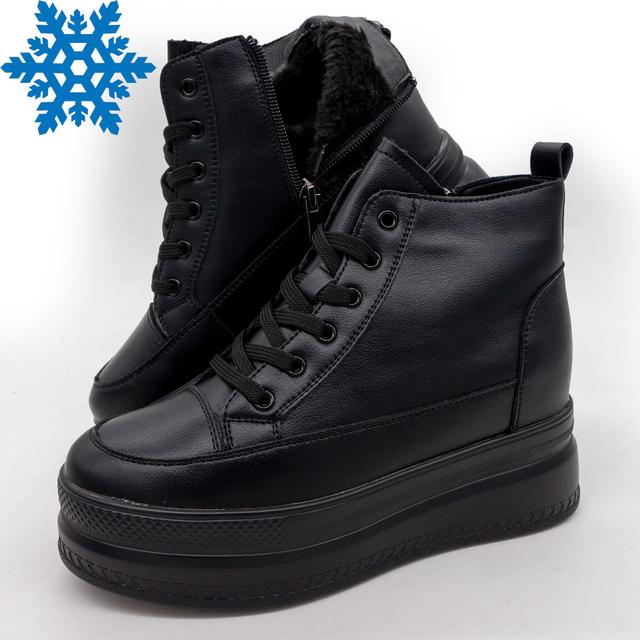 Women's winter leather sneakers on a platform, Fashion black ankle boots