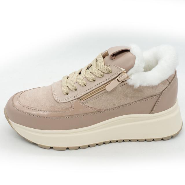 Winter women's beige sneakers with fur